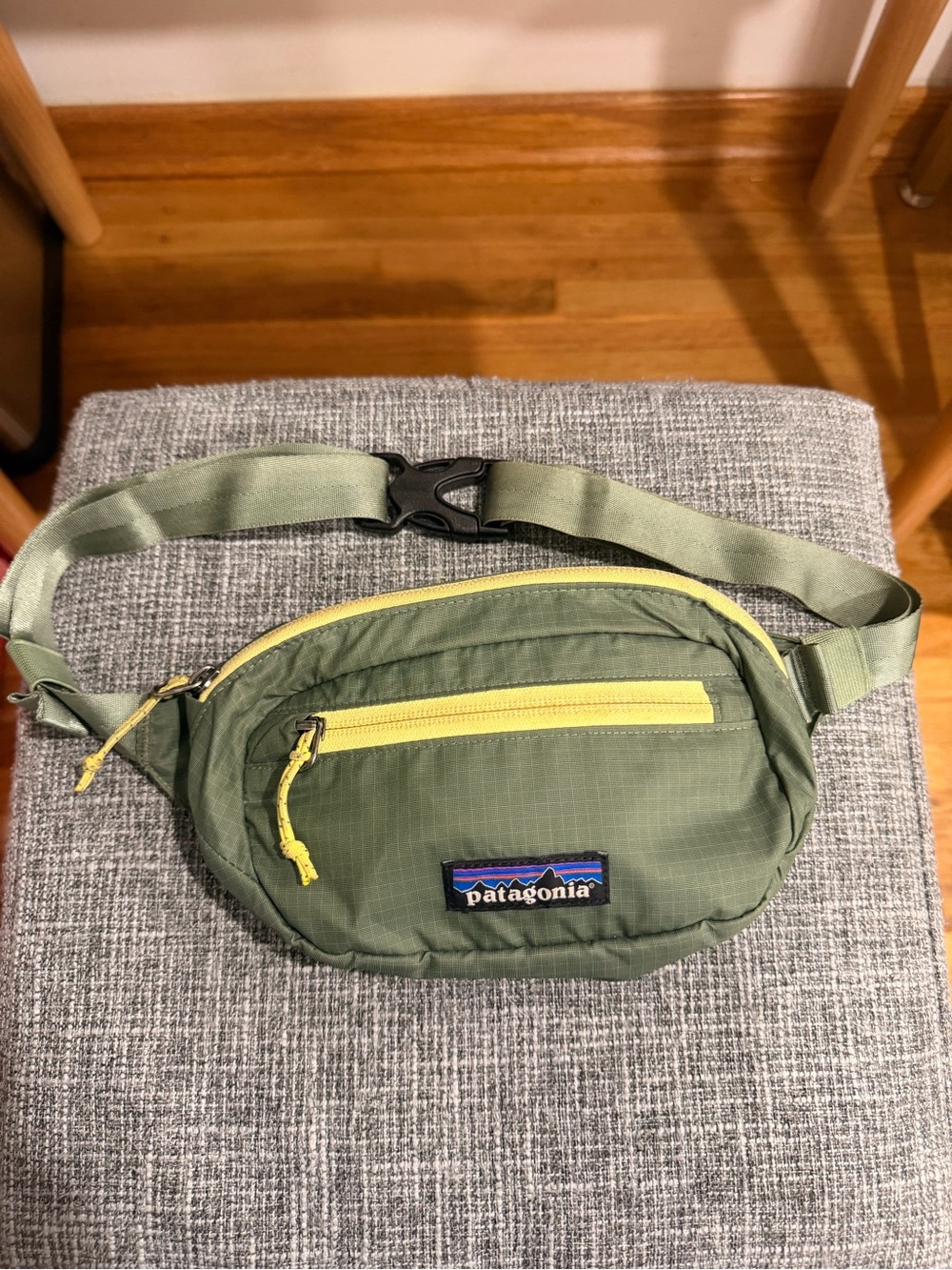 Patagonia Olive Green Waist Pack with Yellow Zipper Accents